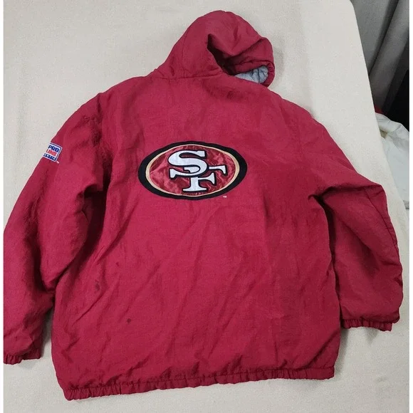 Vintage San Francisco 49ers Pro Line Starter Jacket Hooded NFL L Red Nylon Lined